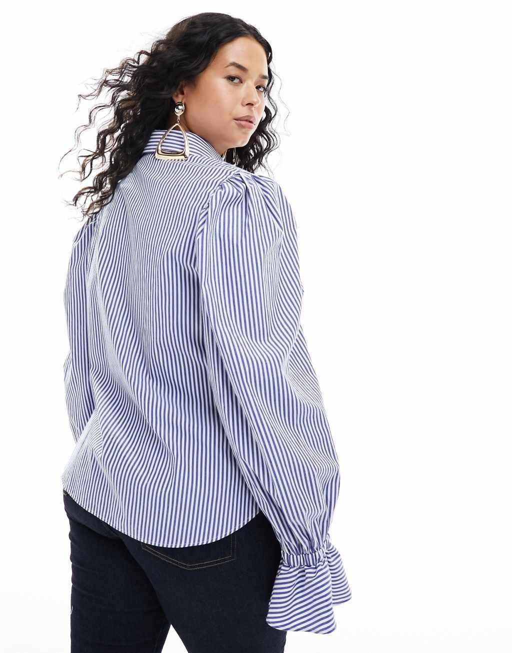 ASOS DESIGN Curve volume sleeved soft shirt with ruffle cuff in blue stripe Product Image