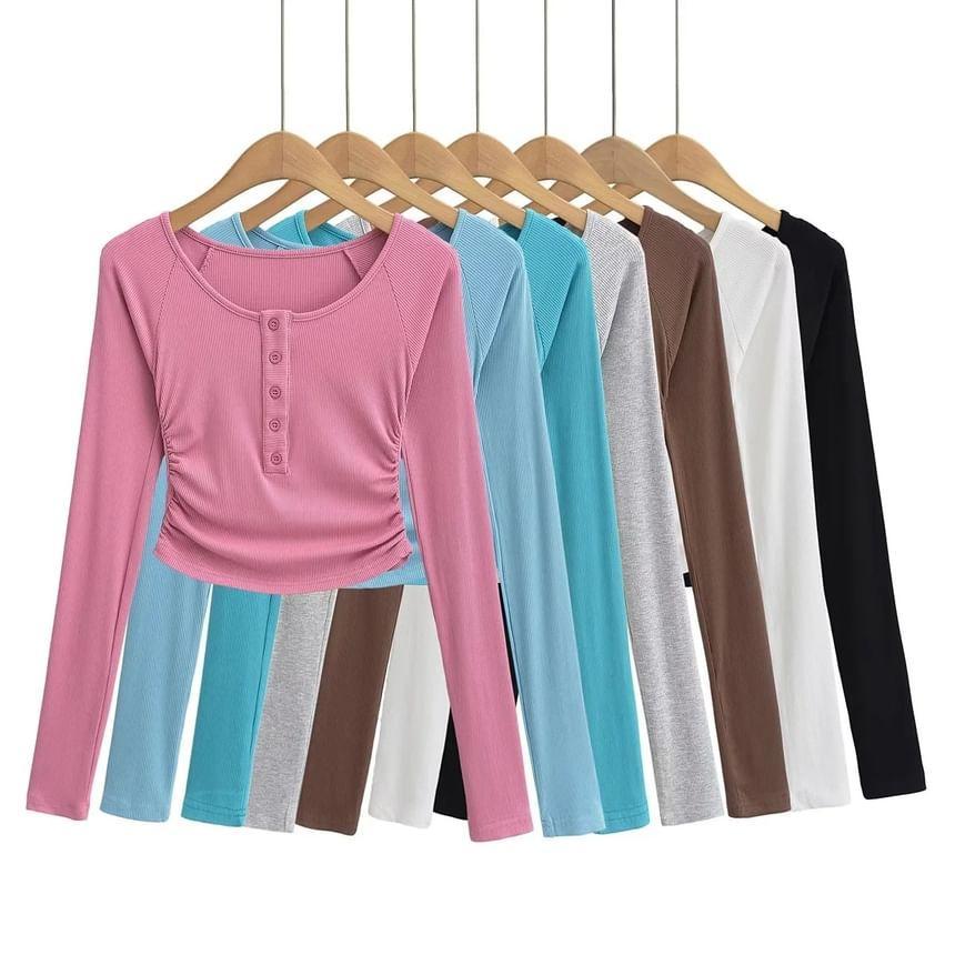 Off-Shoulder Long-Sleeve Plain Shirred Henley T-Shirt Product Image