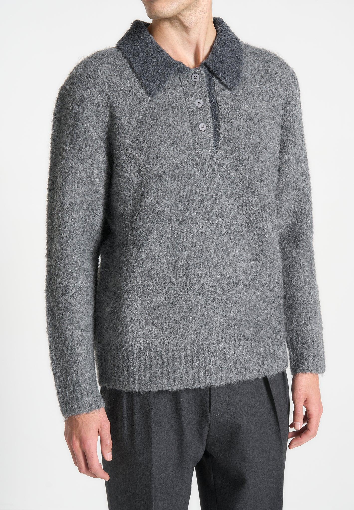 Boucle Knit Contrast Polo Jumper - Grey Male Product Image