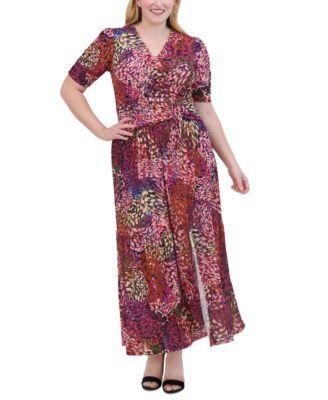 Plus Size Printed V-Neck Ruched Maxi Dress Product Image