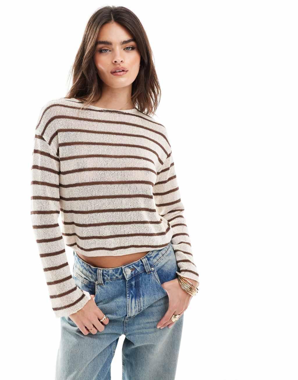 Pull&Bear fine knit sweater in brown stripe Product Image