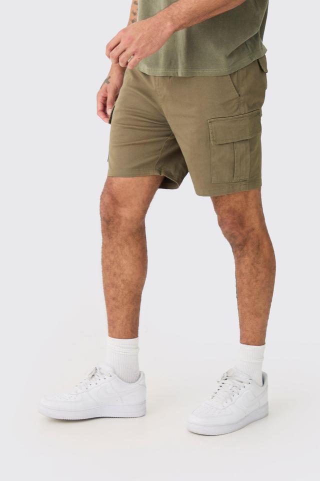 Mens Green Elasticated Waist Khaki Slim Fit Cargo Shorts, Green Product Image