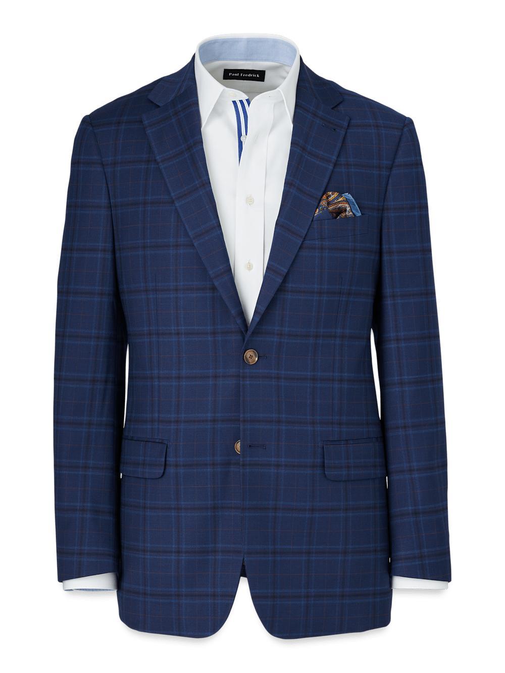 Wool Stretch Plaid Single Breasted Suit Jacket - Blue Product Image