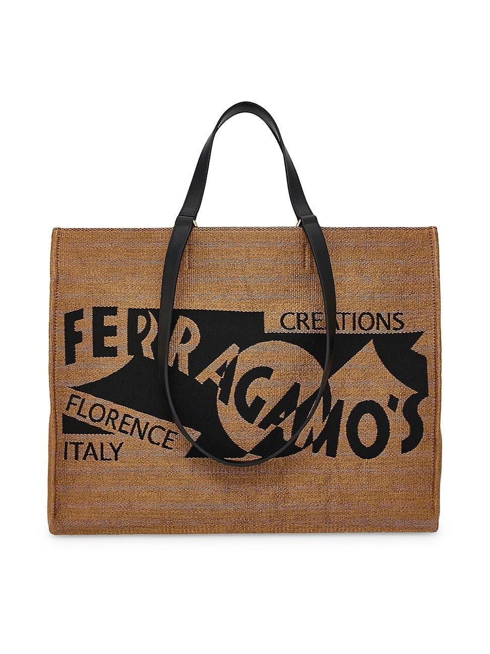 Womens Large F. Signature Raffia & Leather Tote Bag Product Image