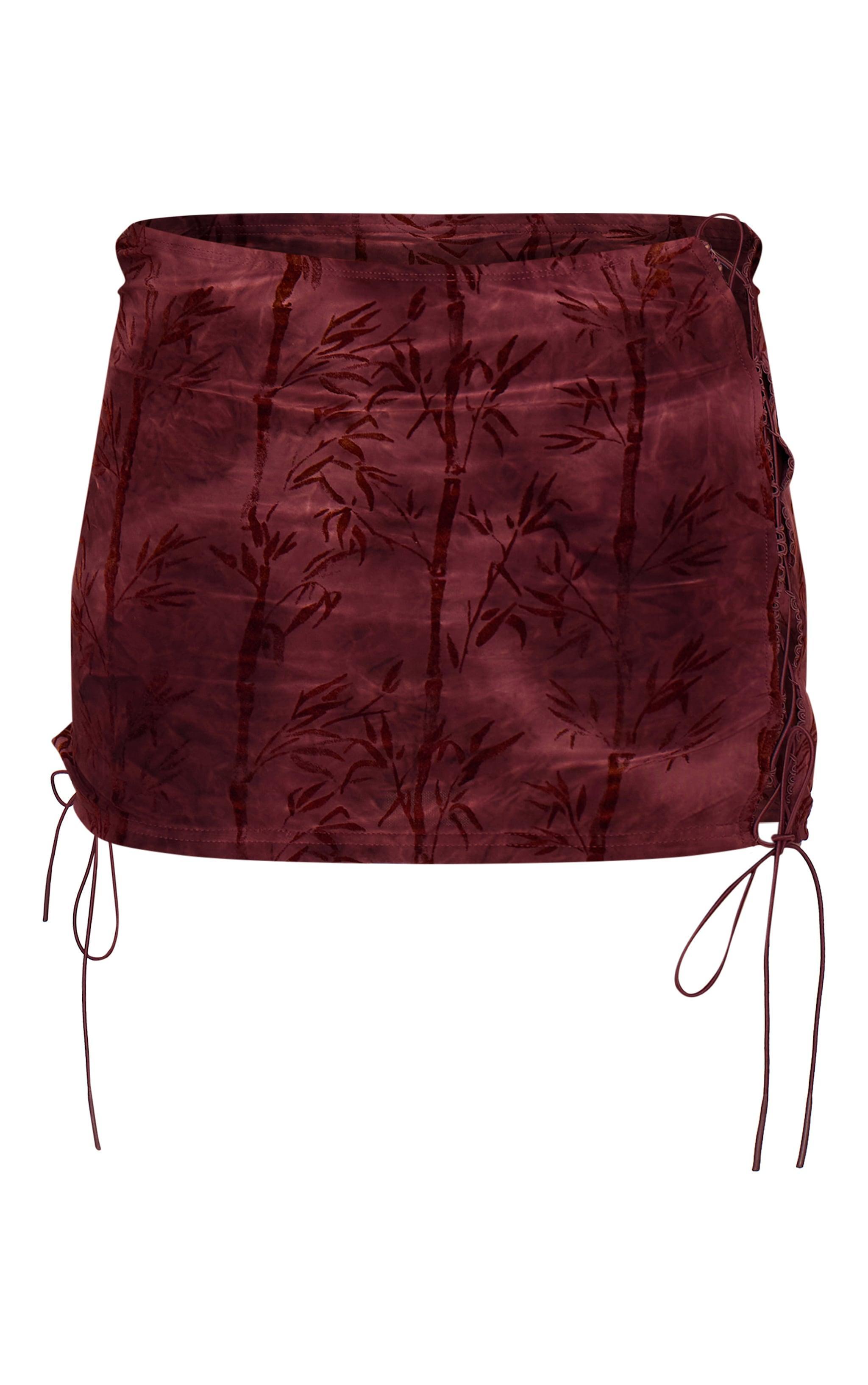 Burgundy Devore Tie Detail Micro Mini Skirt Product Image