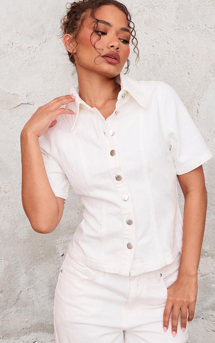 Petite Ecru Short Sleeve Fitted Denim Shirt Product Image