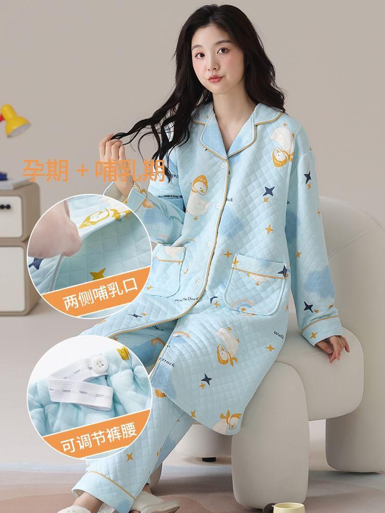 Maternity Pajama Set: Lapel Collar Duck Print Button-Up Robe + Pants Product Image