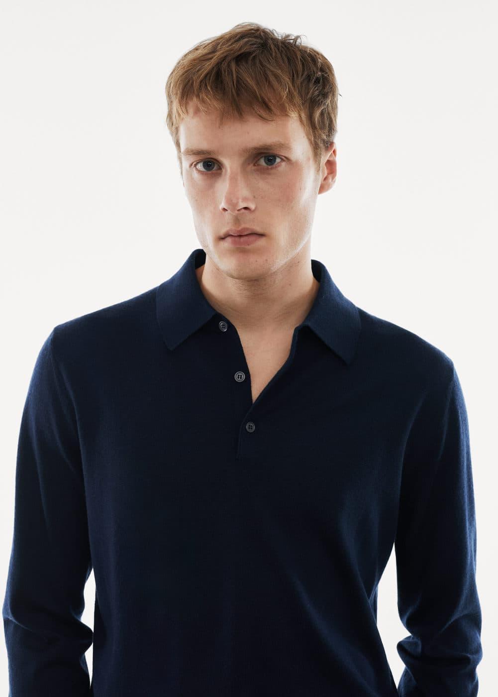 MANGO MAN - 100% merino wool long- sleeved polo shirt navy - XXL - Men Product Image