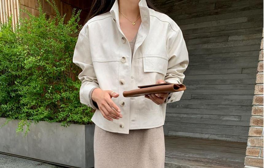 Stand Collar Plain Button-Up Faux Leather Jacket Product Image