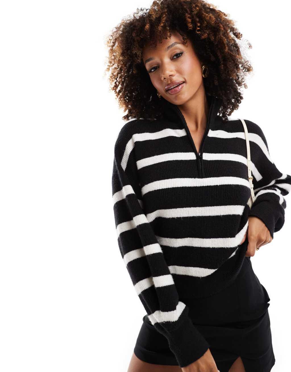 French Connection half zip cropped knitted sweater in black and white stripe Product Image