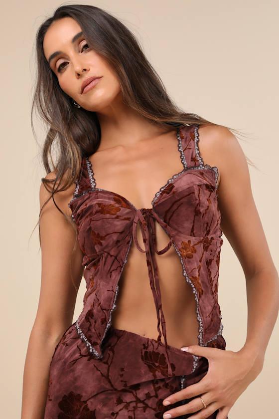 Devore Dark Pink Mesh Velvet Floral Tie-Front Cropped Tank Top Product Image