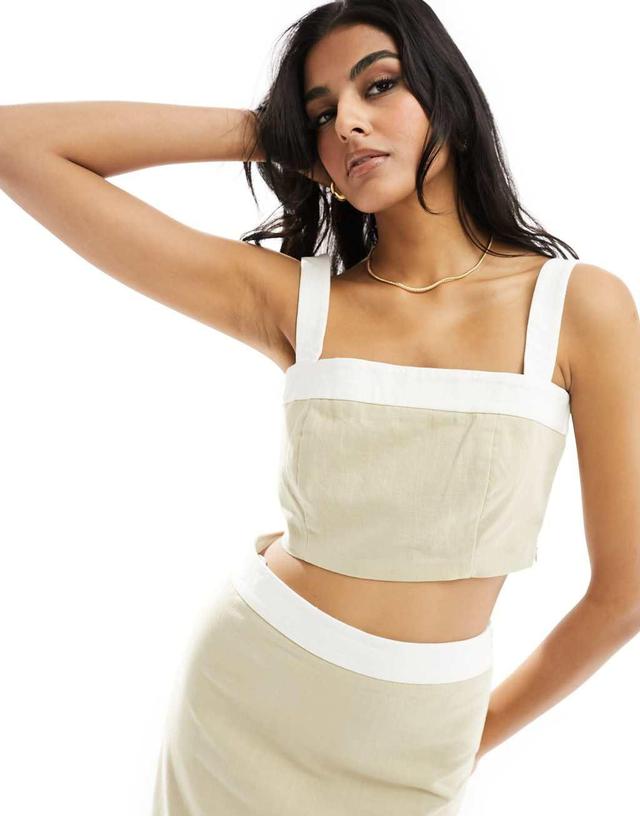 4th & Reckless linen look contrast trim cami crop top in beige - part of a set Product Image