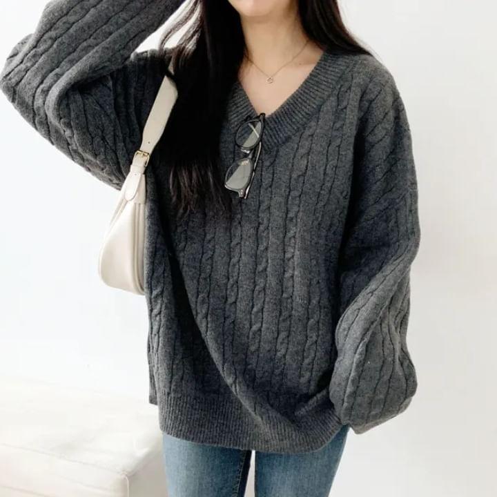 V-Neck Plain Cable-Knit Sweater Product Image