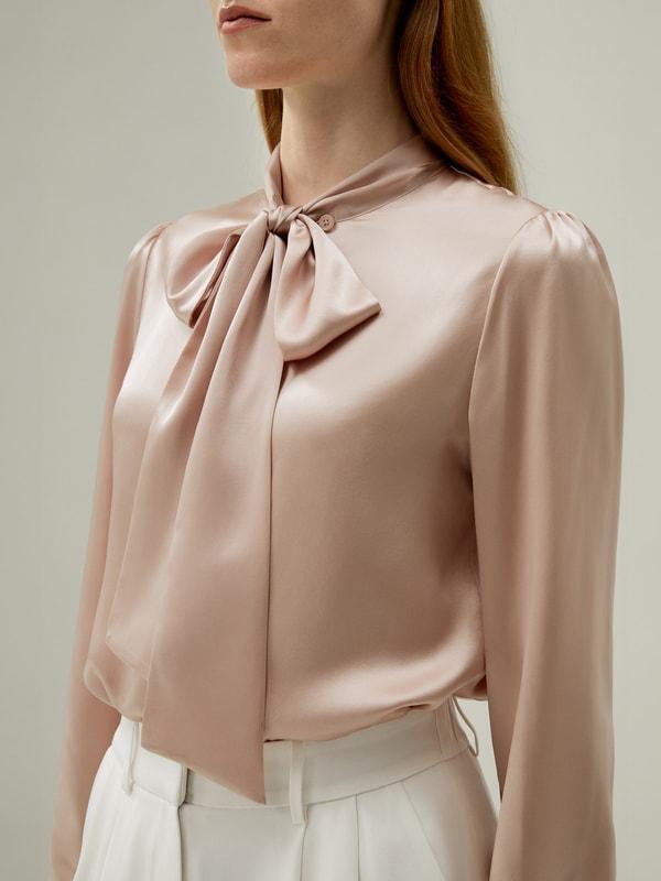 Women Bow-tie Neck Silk Blouse Product Image