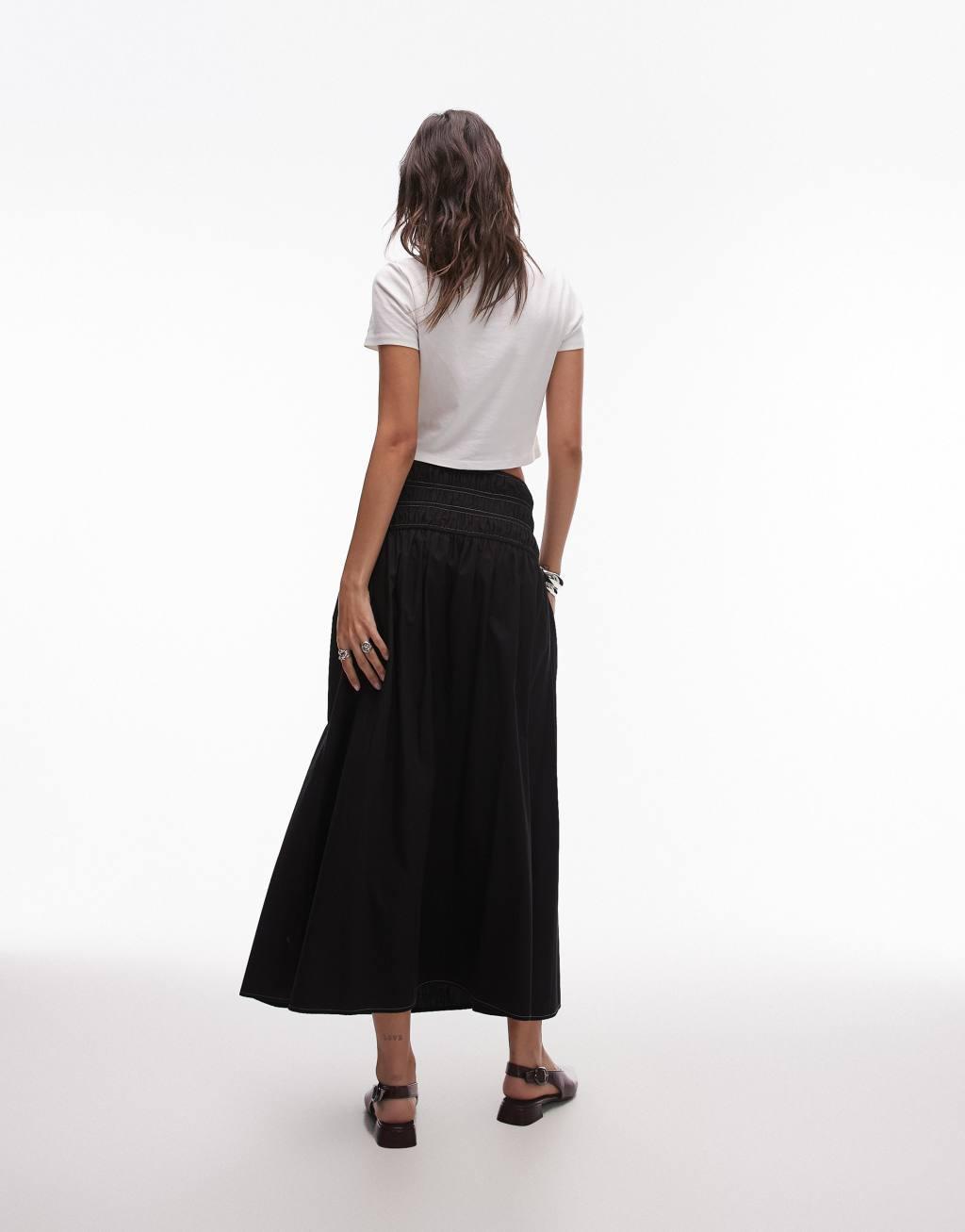 Topshop smocked waist maxi skirt in black with white topstitching Product Image