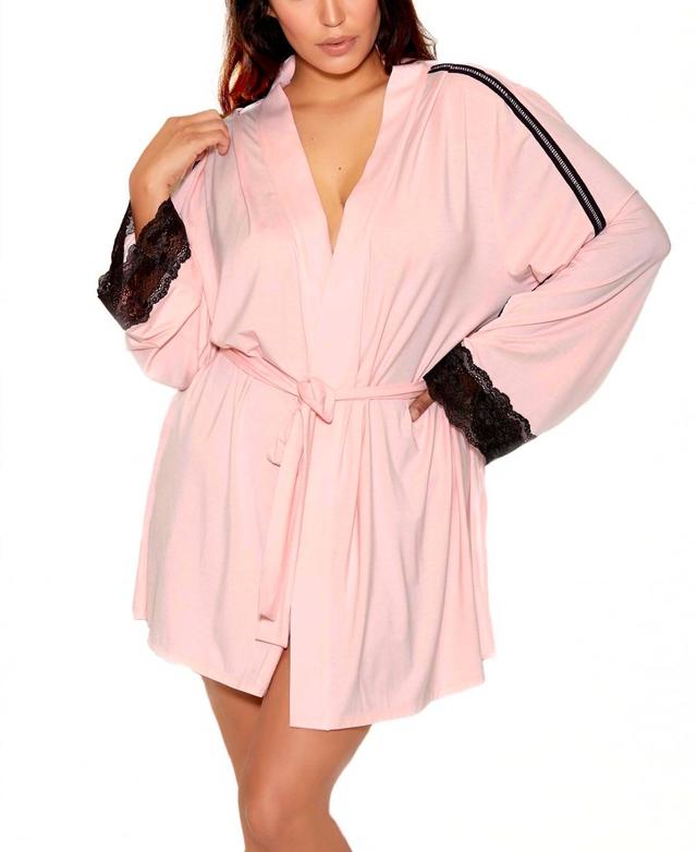 iCollection Womens Elegant Knit Ultra Soft Contrast Lace Robe Lingerie - Pink Product Image