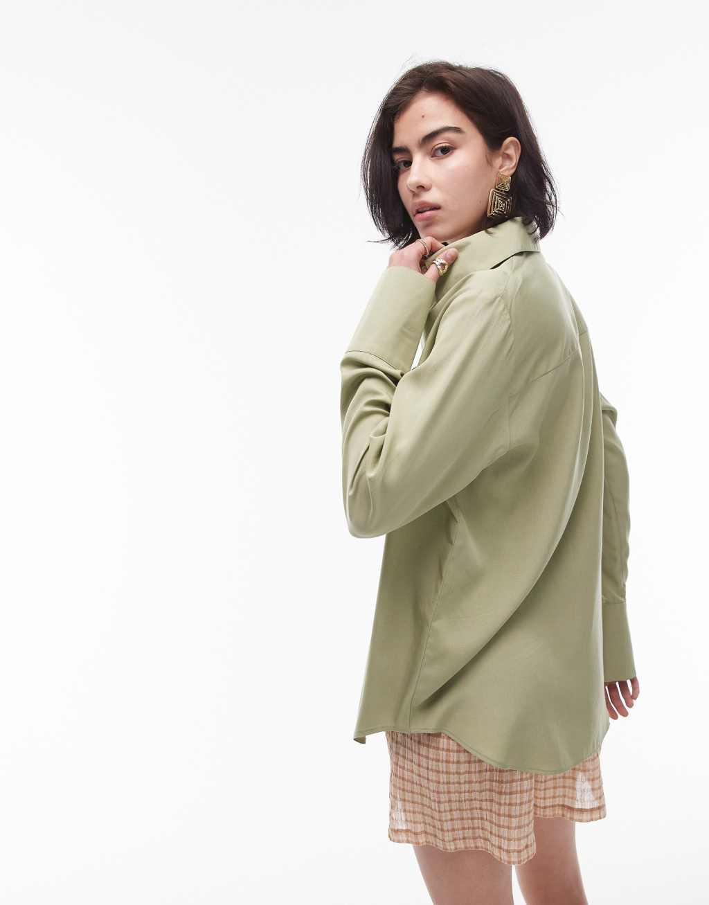 Topshop oversized shirt with contrast buttons in khaki Product Image