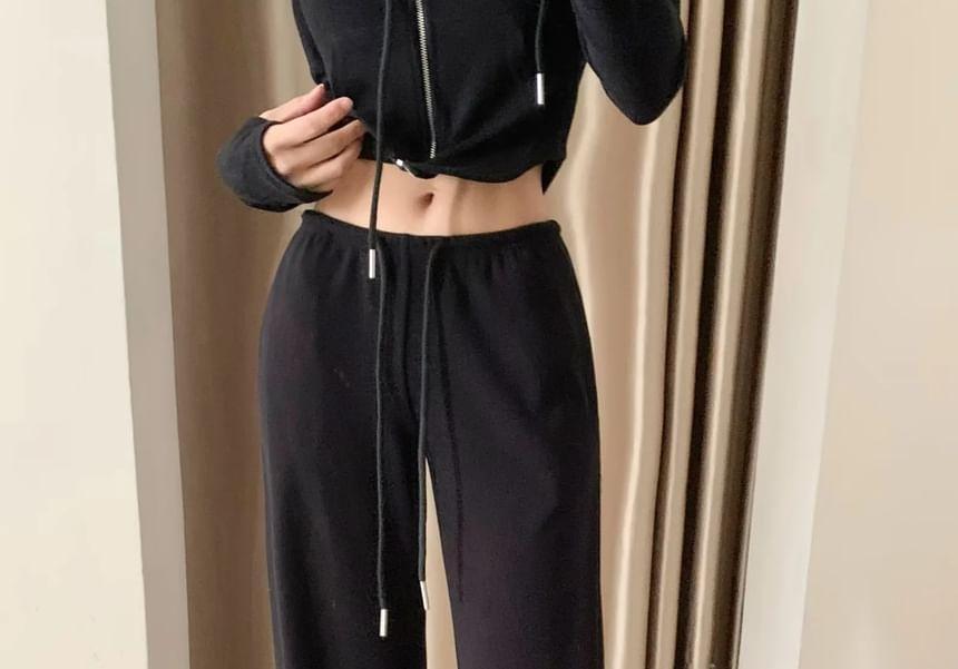 Plain Zip Hoodie / Drawstring Waist Wide Leg Pants Product Image