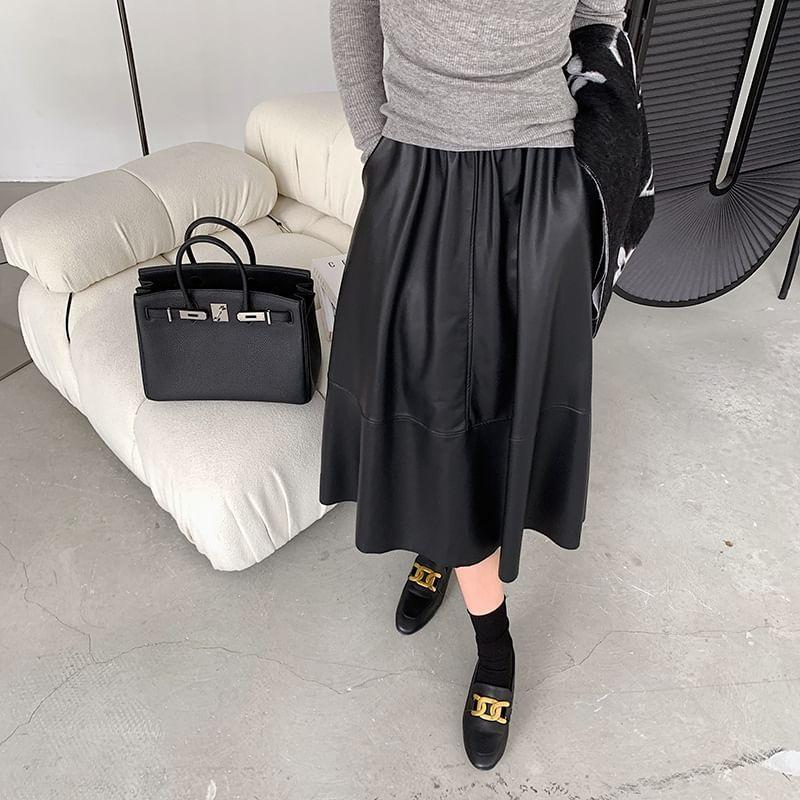 High Rise Plain Faux Leather Midi A-Line Skirt Product Image