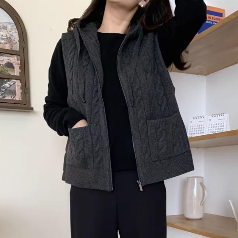 Plain Hood Cable Knit Zip Sweater Vest Product Image