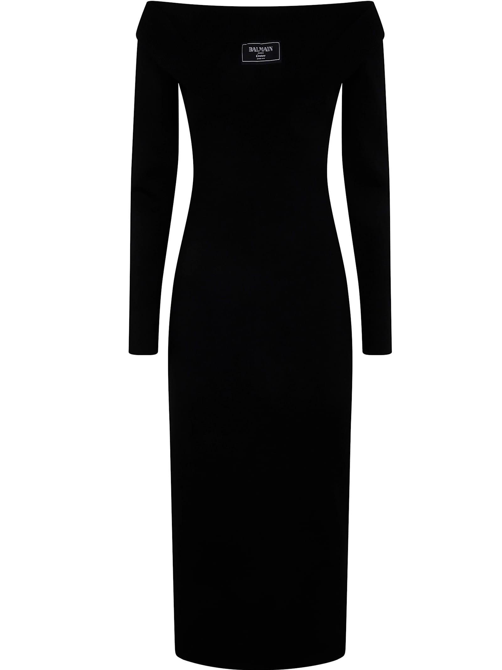 BALMAIN Ls Double Collar Knit Zipped Midi Dress Clothing In Black Product Image