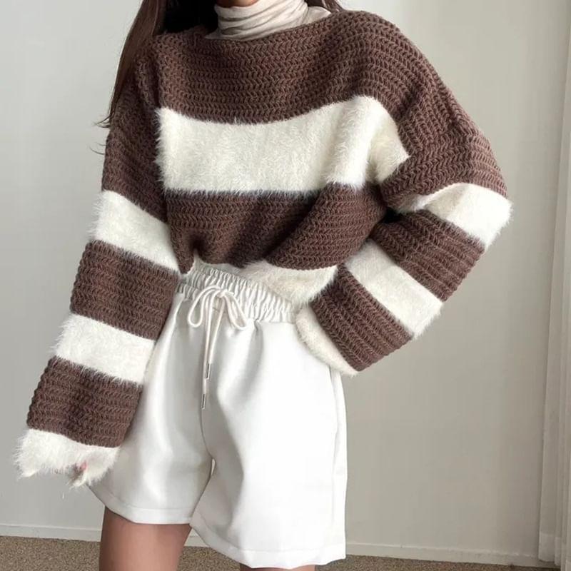 Boat Neck Striped Cropped Sweater Product Image