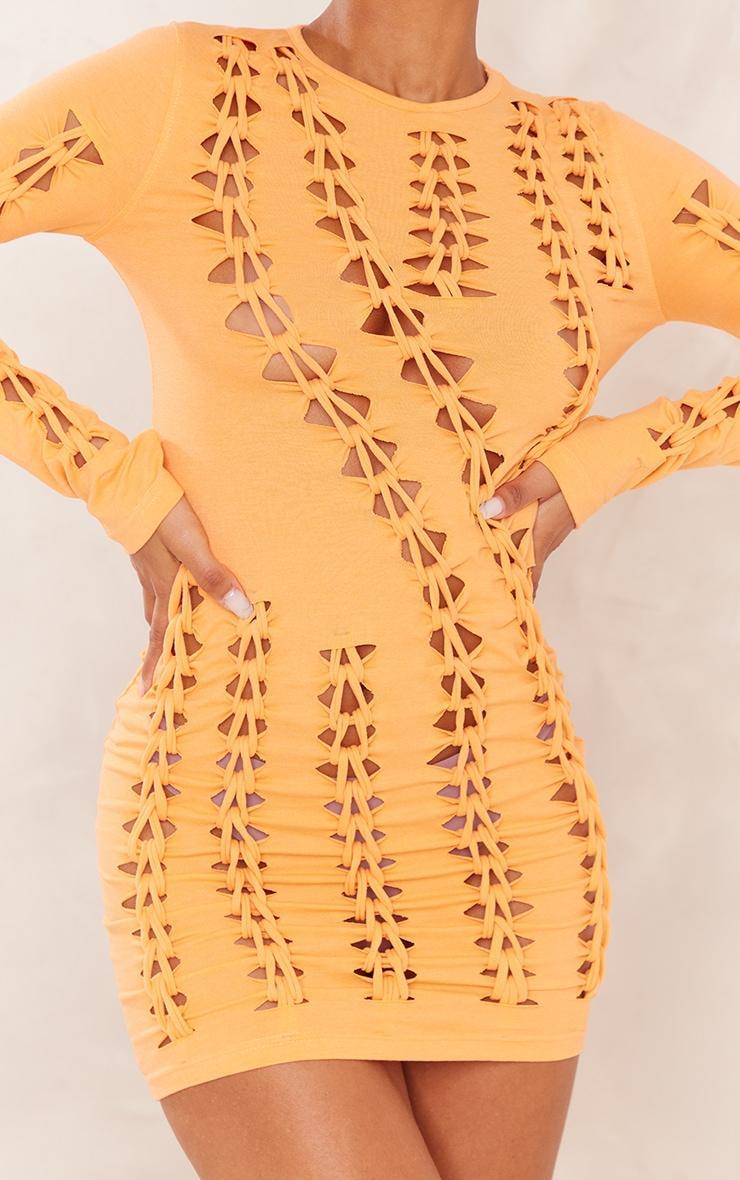 Orange Jersey Lattice Long Sleeve Bodycon Dress Product Image