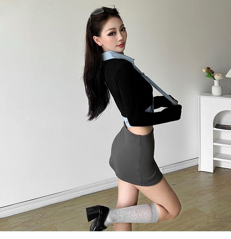 Mock Two-Piece Long-Sleeve Two Tone Crop Top Product Image