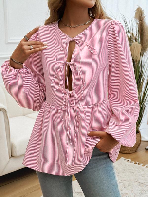 Long Sleeves Loose Elasticity Split-Joint Striped Tied Round-Neck Blouses&Shirts Tops Product Image