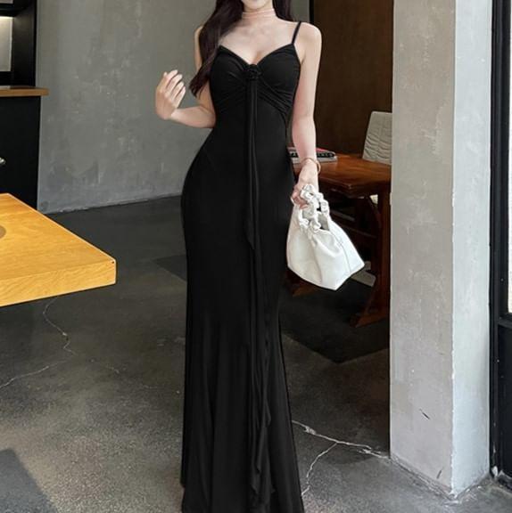 Spaghetti Strap Plain Drawstring Midi Mermaid Dress Product Image