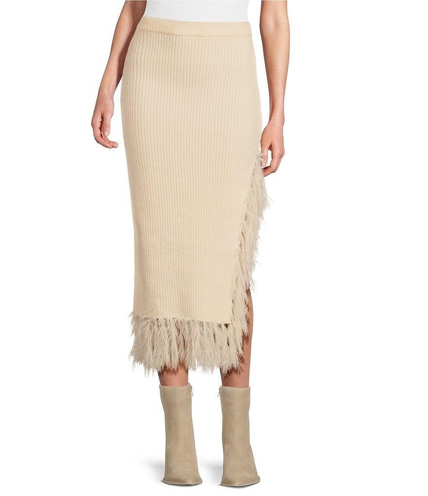 Skies Are Blue Knit Asymmetrical Feather Fringe Pull-On Midi Skirt Product Image