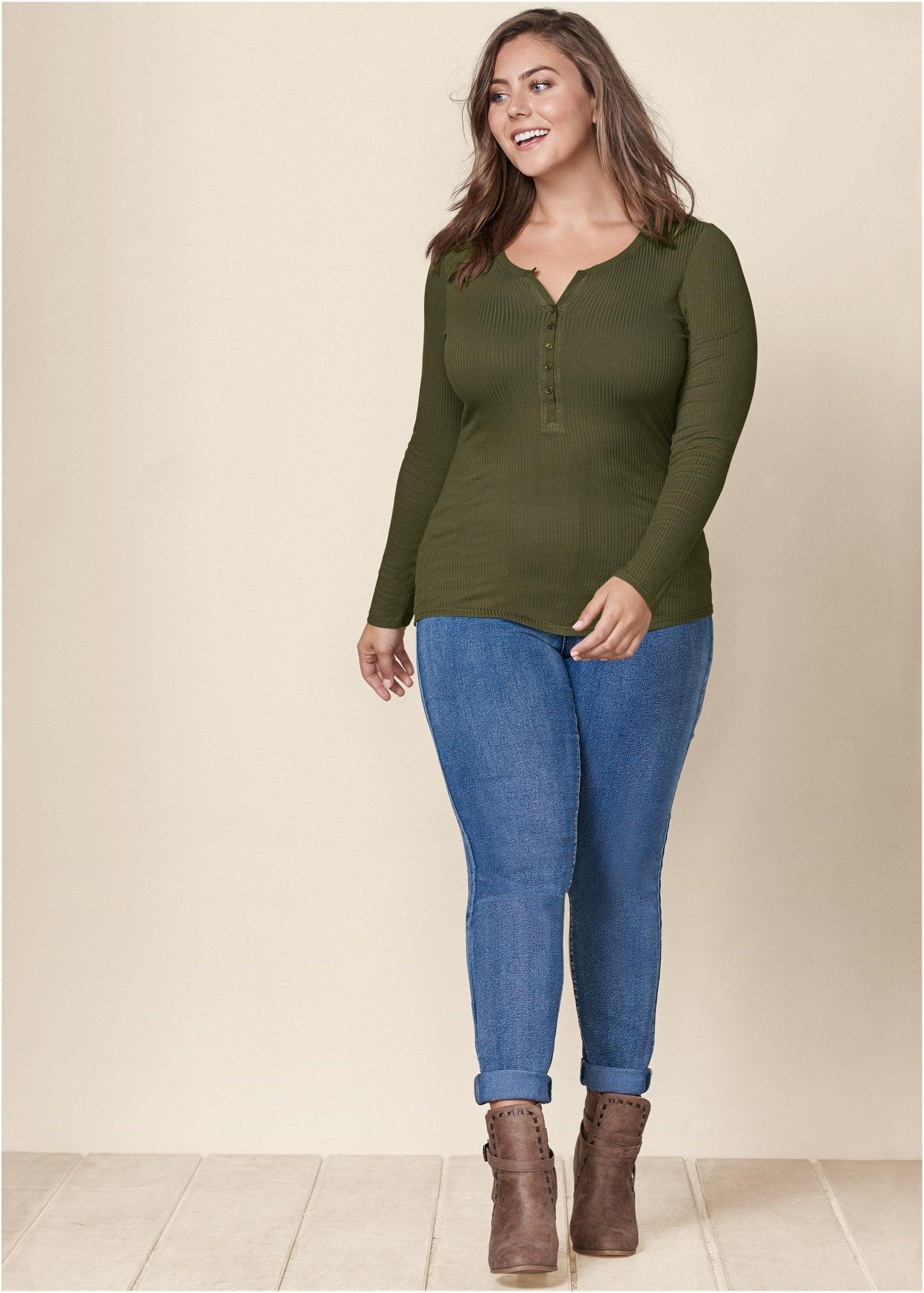 Ribbed Henley Top - Olive product image