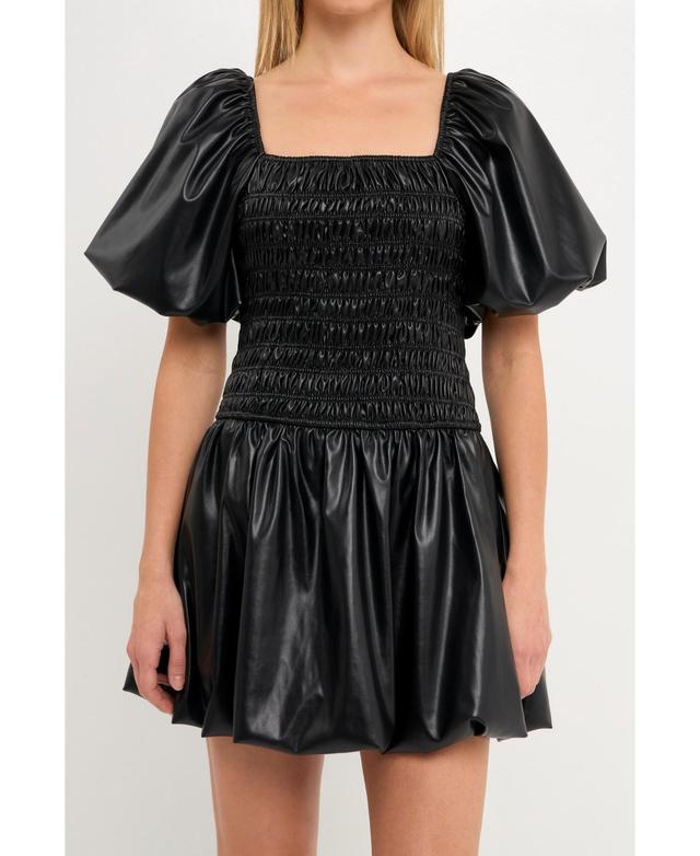 Endless Rose Smocked Balloon Sleeve Faux Leather Babydoll Dress in Black at Nordstrom, Size Small Product Image