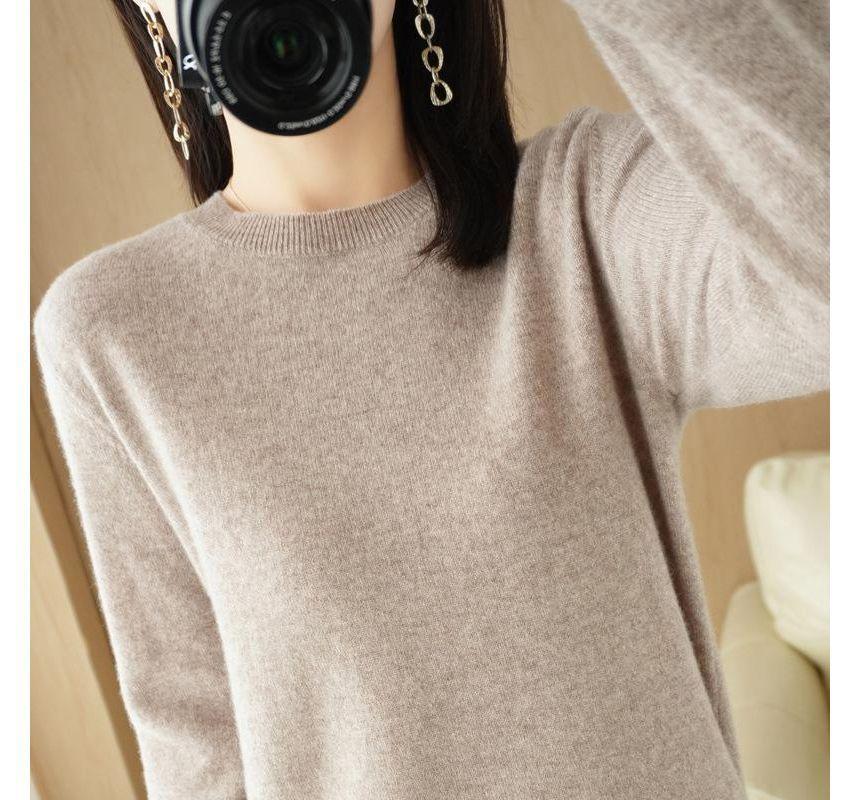 Long-Sleeve Round Neck Plain Knit Top Product Image