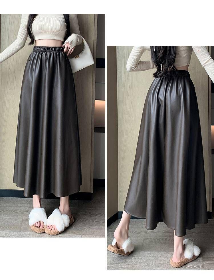 High Rise Plain Faux Leather Maxi A-Line Skirt Product Image