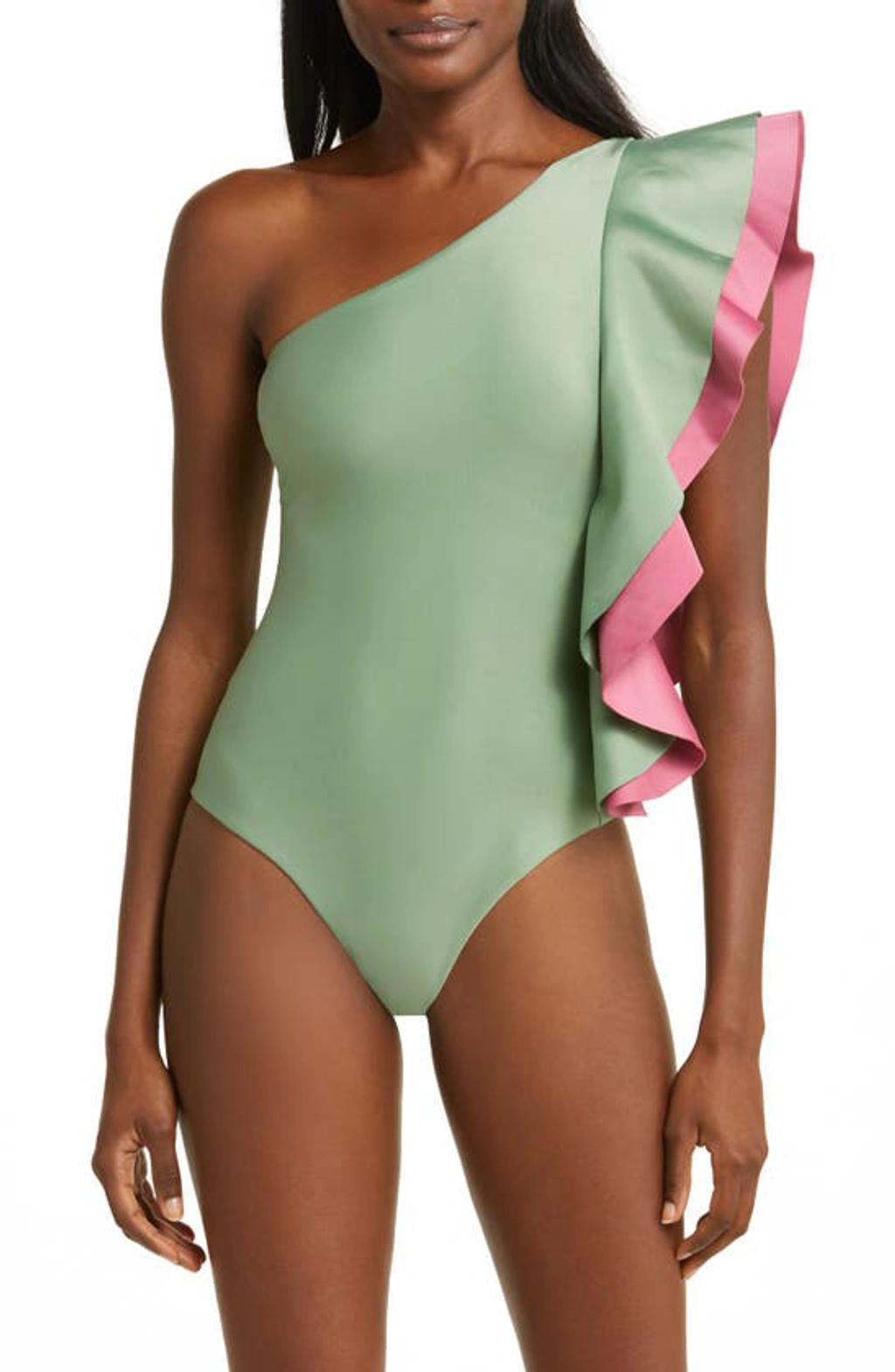 FARM RIO Ruffle One-shoulder One-piece Swimsuit In Green Product Image