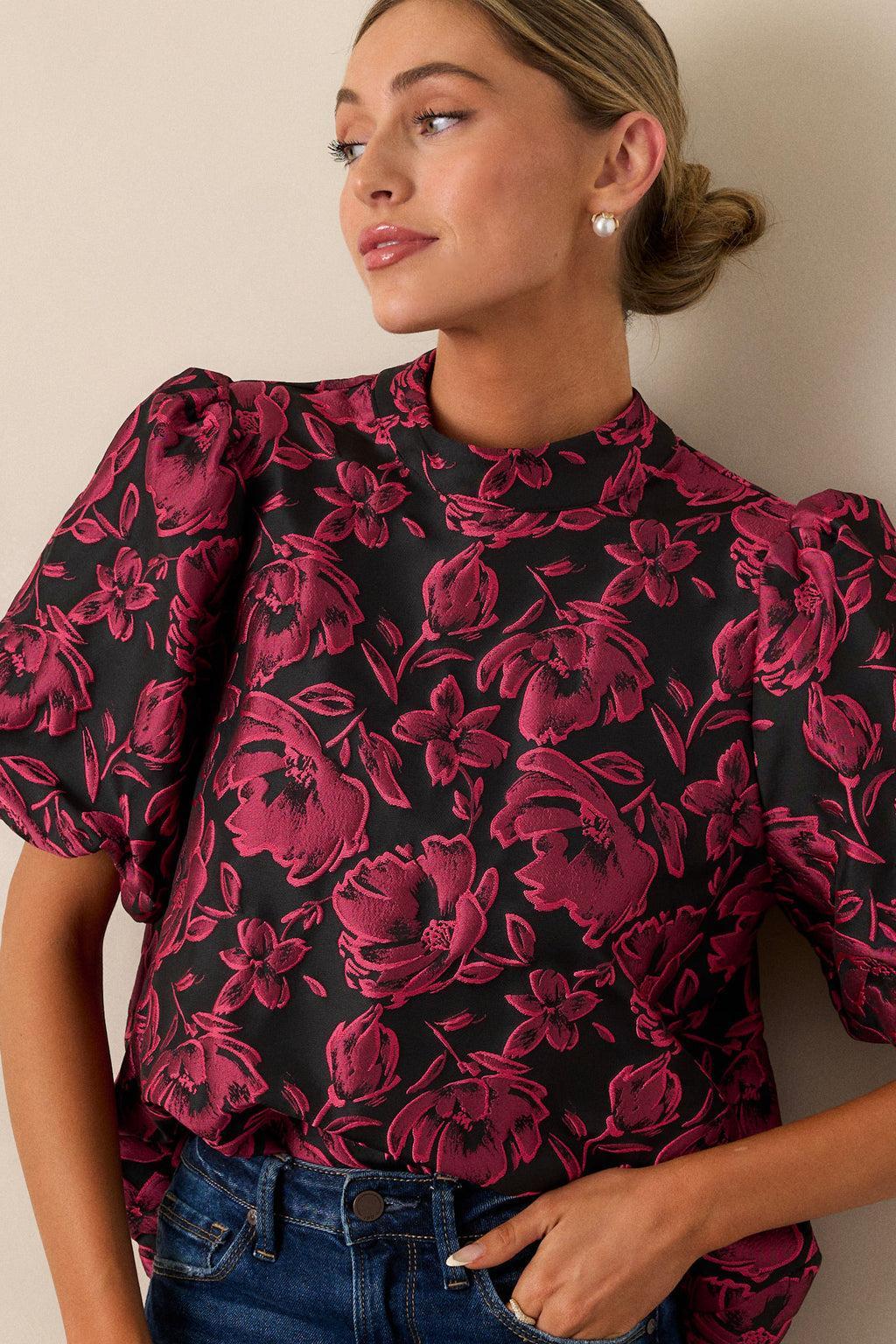 Never Wrong Dark Fuchsia Floral Jacquard Top Product Image