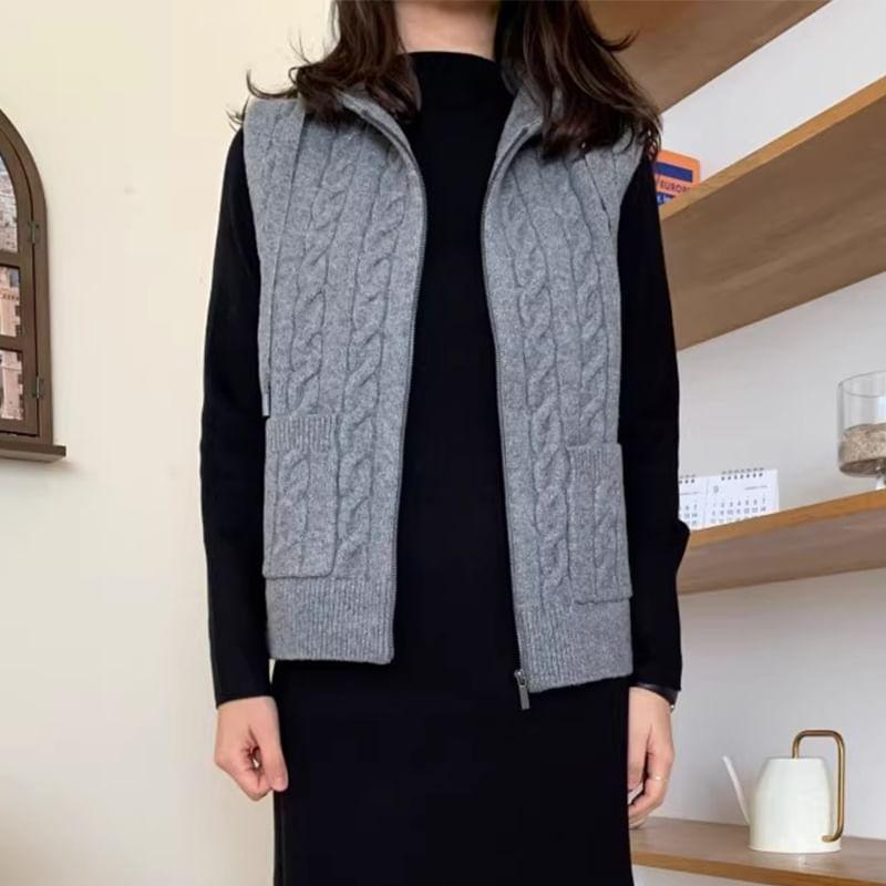 Plain Hood Cable Knit Zip Sweater Vest Product Image