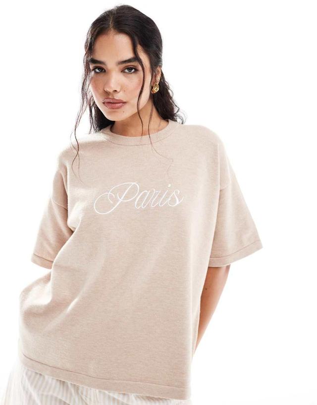 4th & Reckless knitted Paris logo t-shirt in camel Product Image