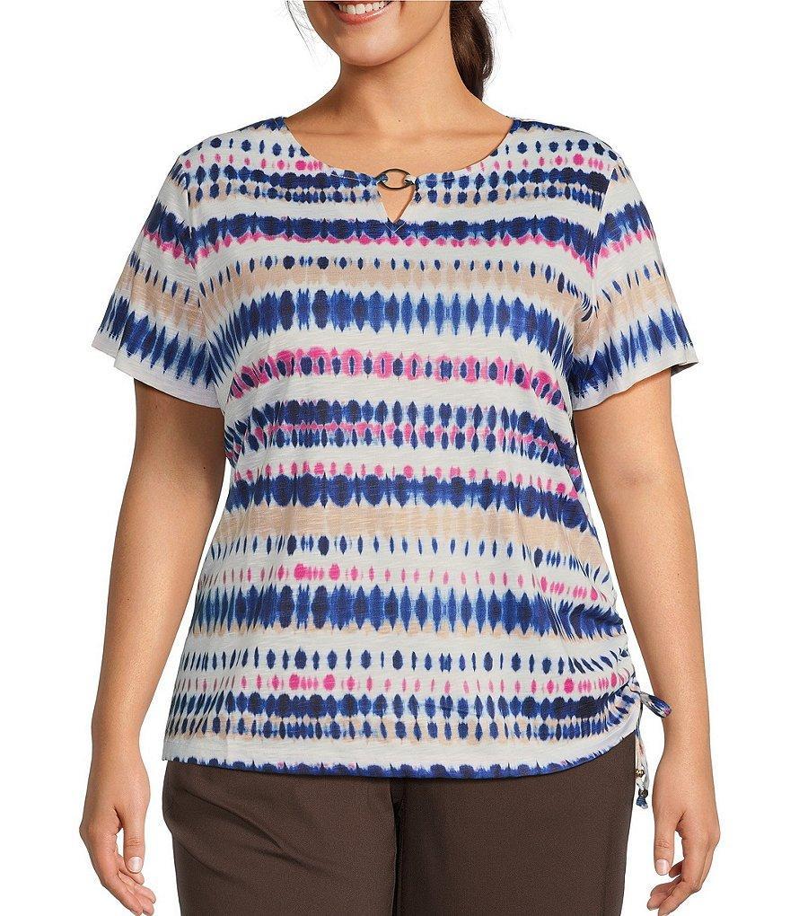 Allison Daley Plus Size Tie-Dye Stripe Short Sleeve Keyhole Neck Ruched Side Tie Hem Knit Top Product Image