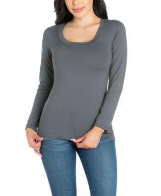 Scoop Neck Long Sleeve Solid Color Tee Product Image