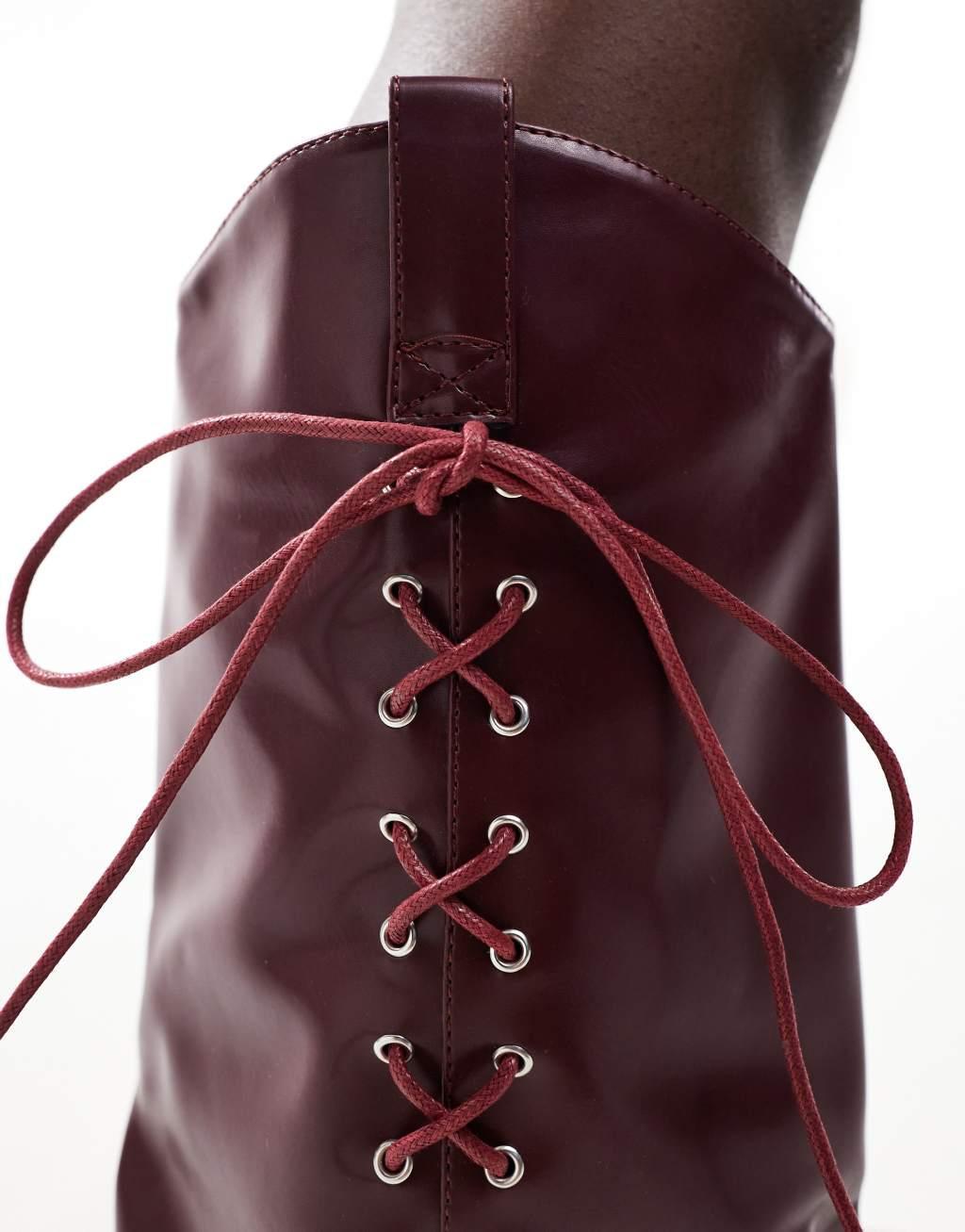 Glamorous foldover western heeled knee boots with lace up bow in burgundy Product Image