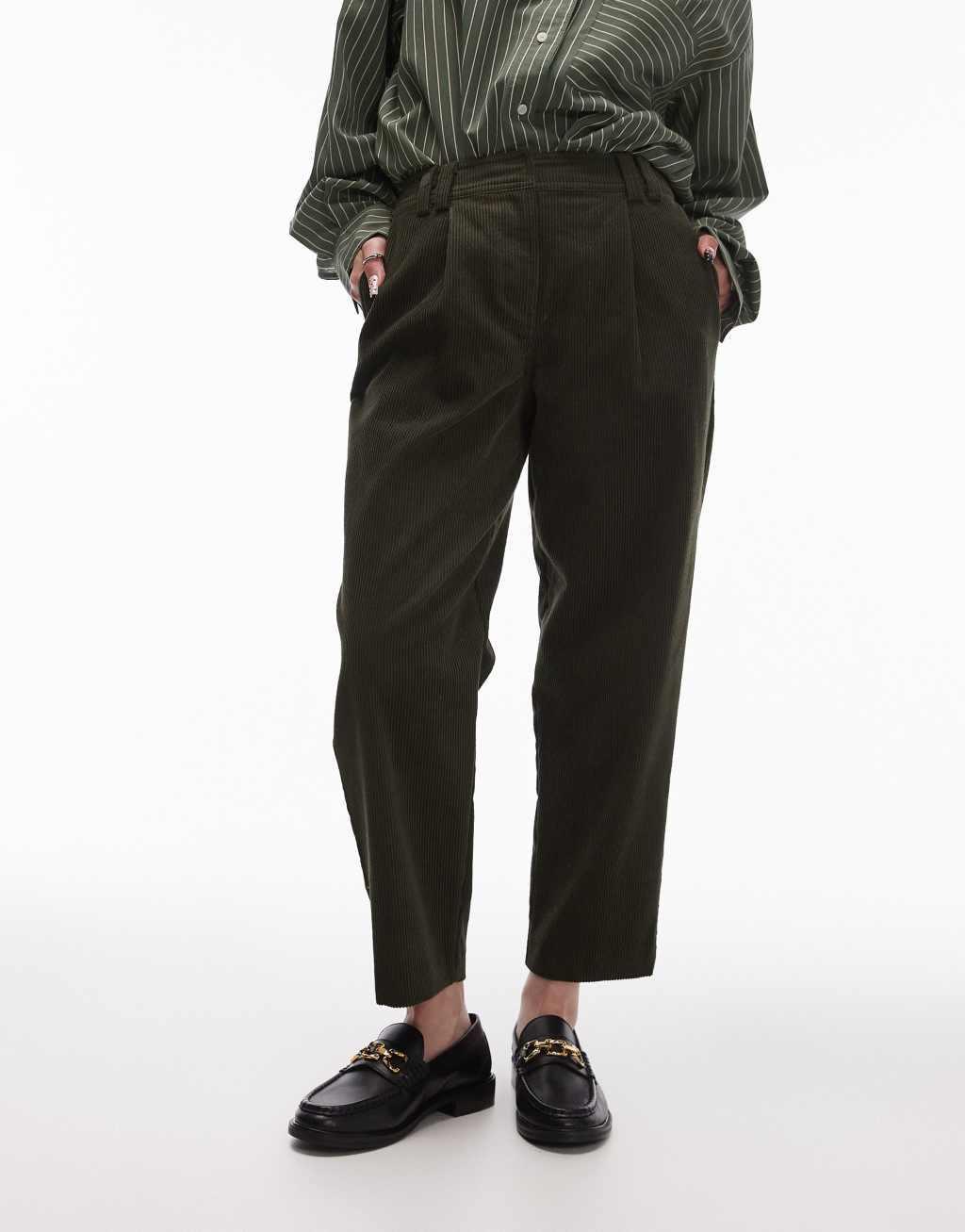 Topshop Petite cord peg pants in khaki Product Image