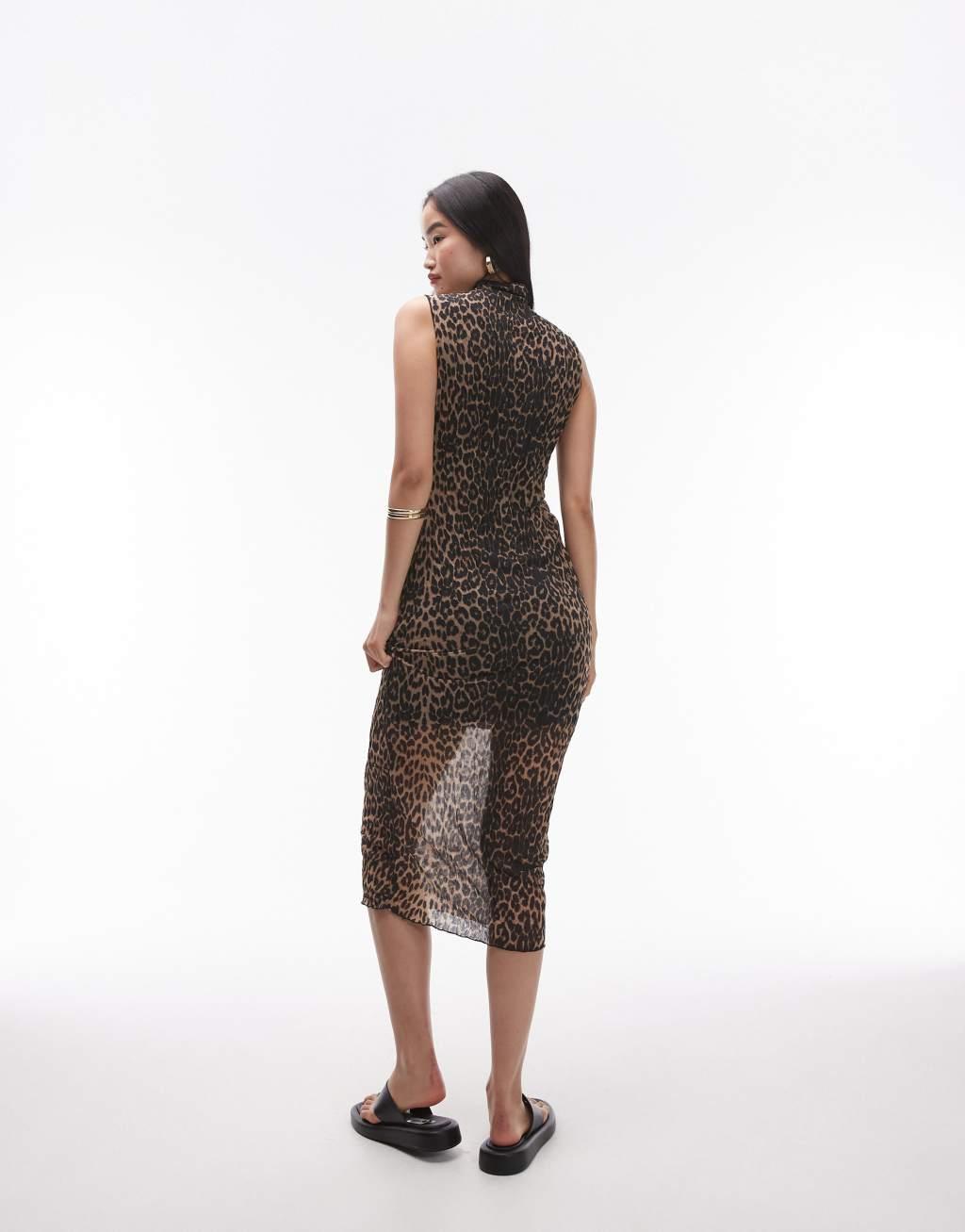 Topshop sleeveless crinkle plisse midi dress in leopard print Product Image