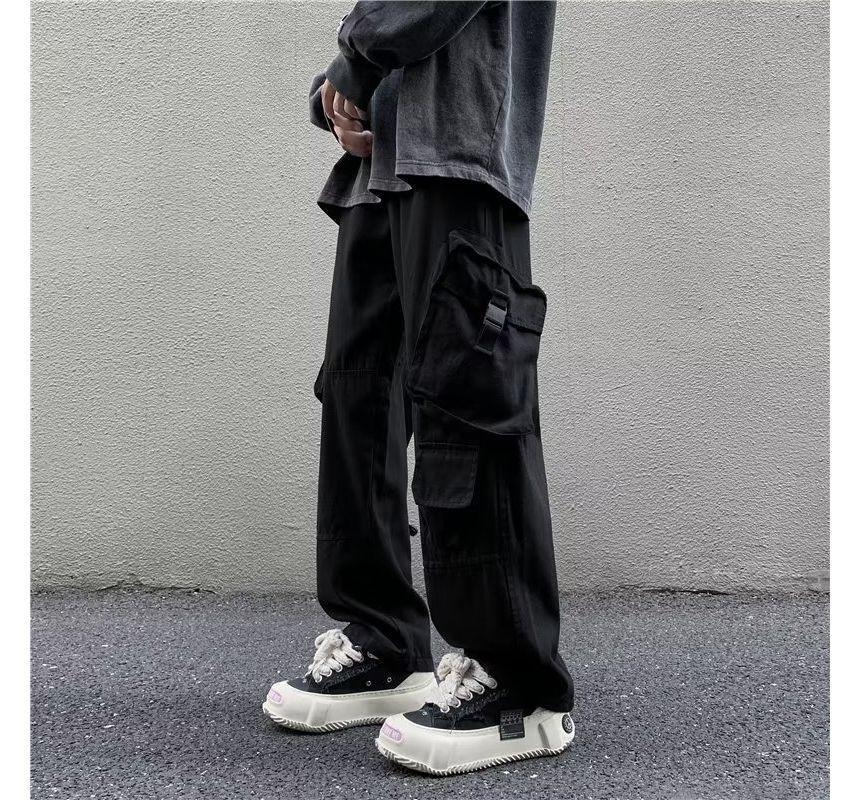 High Waist Plain Wide Leg Cargo Pants Product Image