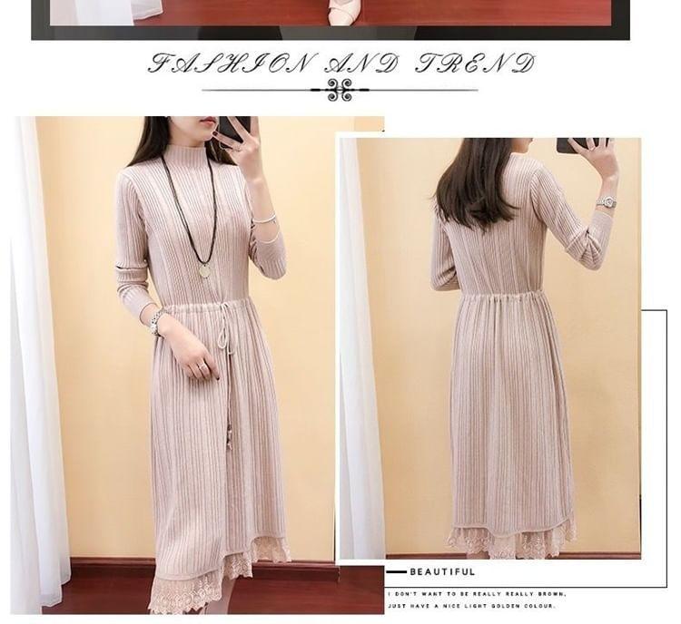 Long-Sleeve Mock Neck Plain Lace Panel Drawstring Waist Midi A-Line Knit Dress Product Image