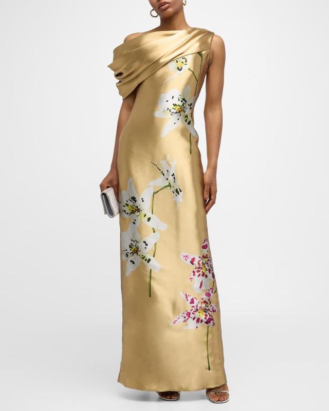 Draped One-Shoulder Metal Orchid Gown Product Image