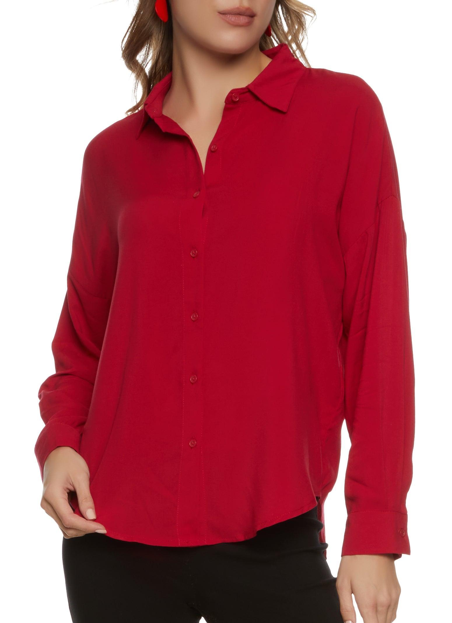 Womens Solid Long Sleeve Button Front Shirt Product Image