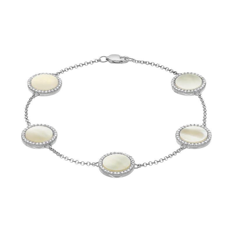 Sterling Silver Mother-of-Pearl & Cubic Zirconia Halo Station Bracelet, Womens 14k Gold Plated Product Image