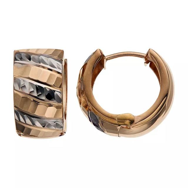 14k Two Tone Rose & White Gold Diamond Cut Huggie Hoop Earrings, Womens Product Image